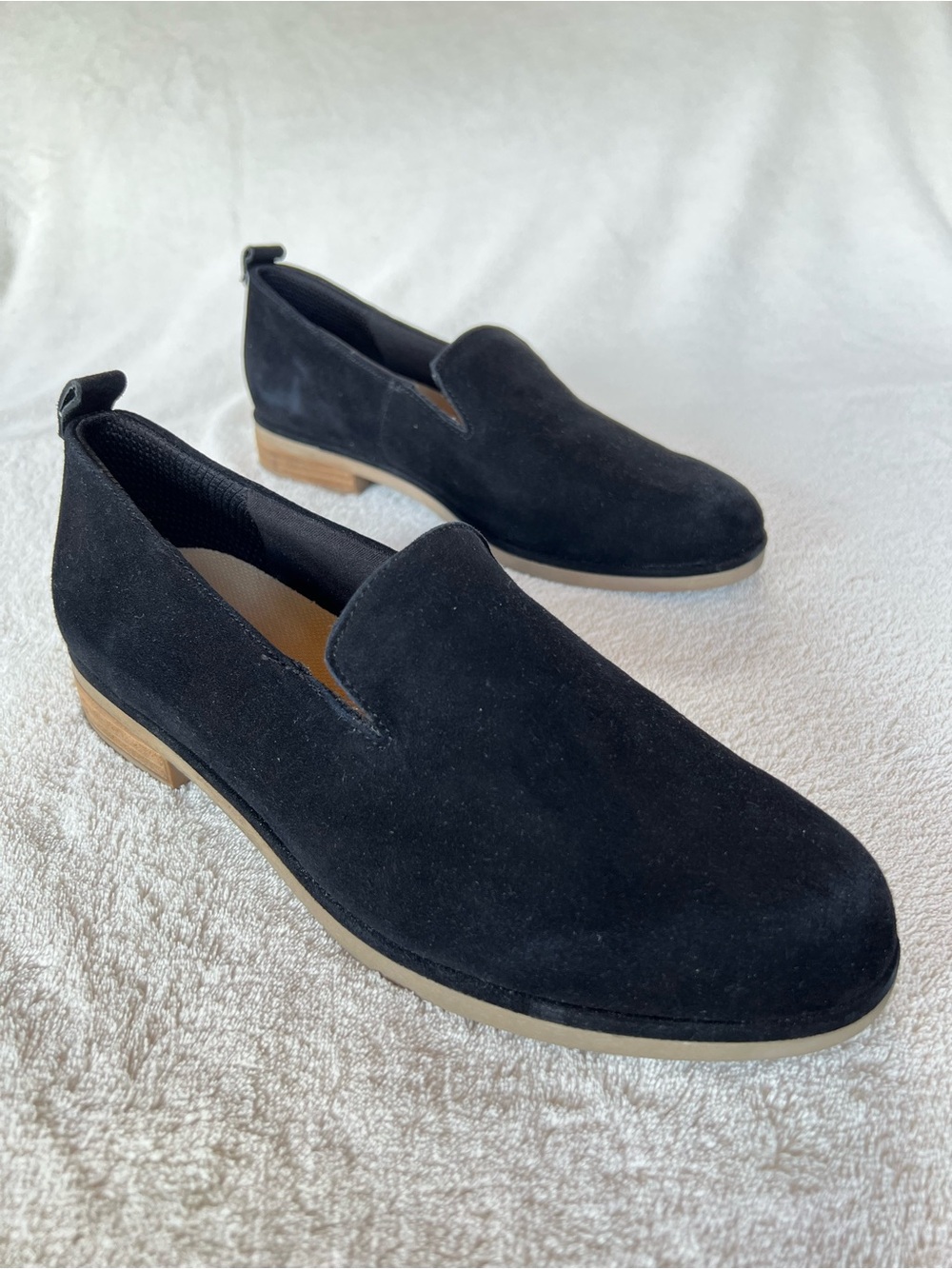 DR SCHOLLS BLACK SUEDE LEATHER SLIP ON LOAFERS STACKED LOW HEEL SIZE 7.5 - Picture 2 of 13